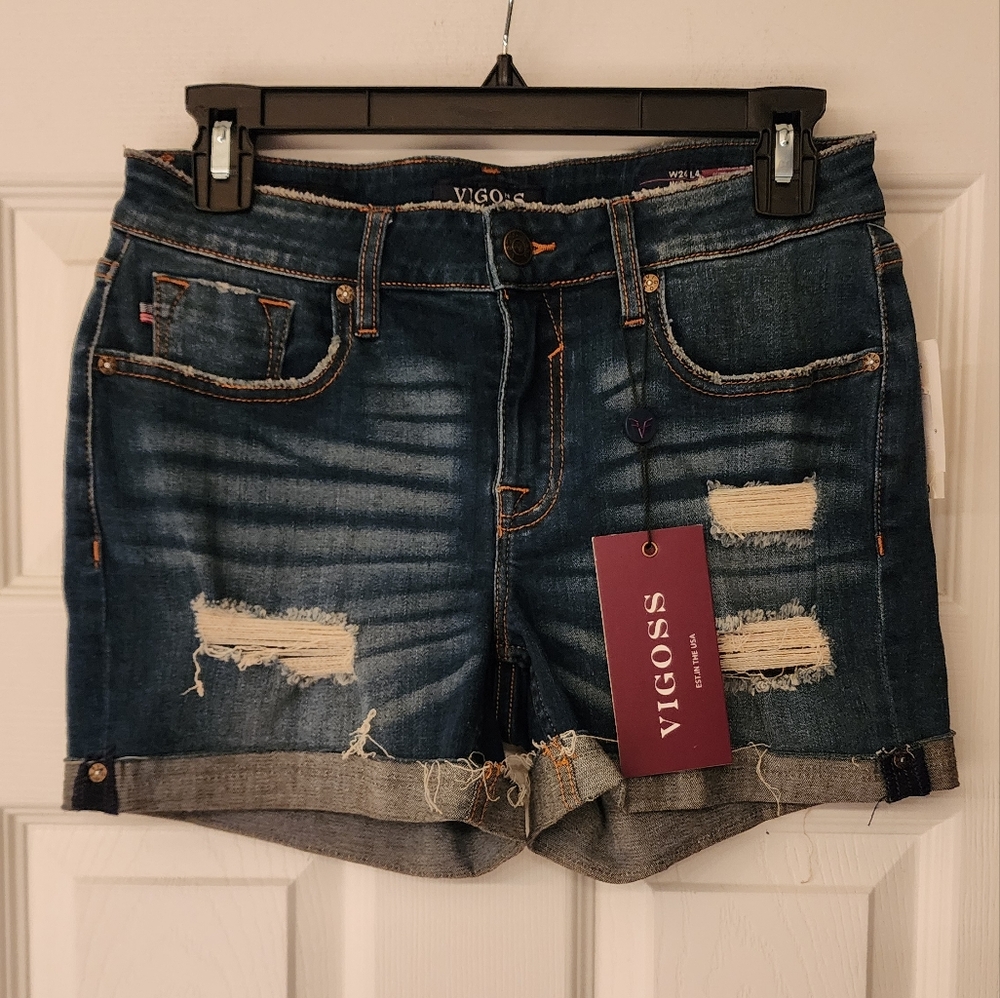 VIGOSS Marley Midrise Double Cuff Short - Distresses Dark wash size 26 - Picture 4 of 14